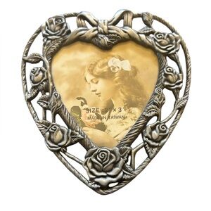 Vintage Heart-Shaped Silver Photo Frame with Rose Design 2 X 3 inches